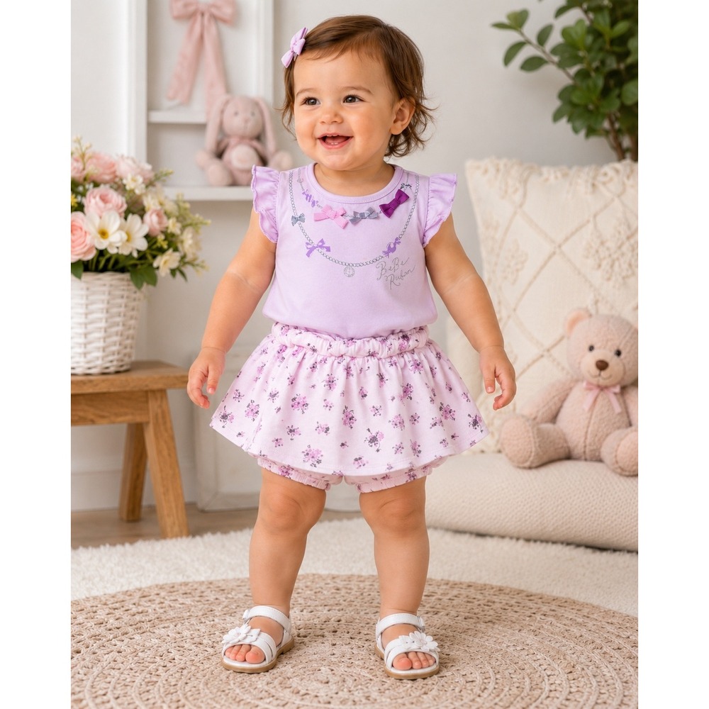 BeBe‎ 2Pc Skort Set Toddler Size 100 Lilac Pink Floral Bow Japanese Brand RARE